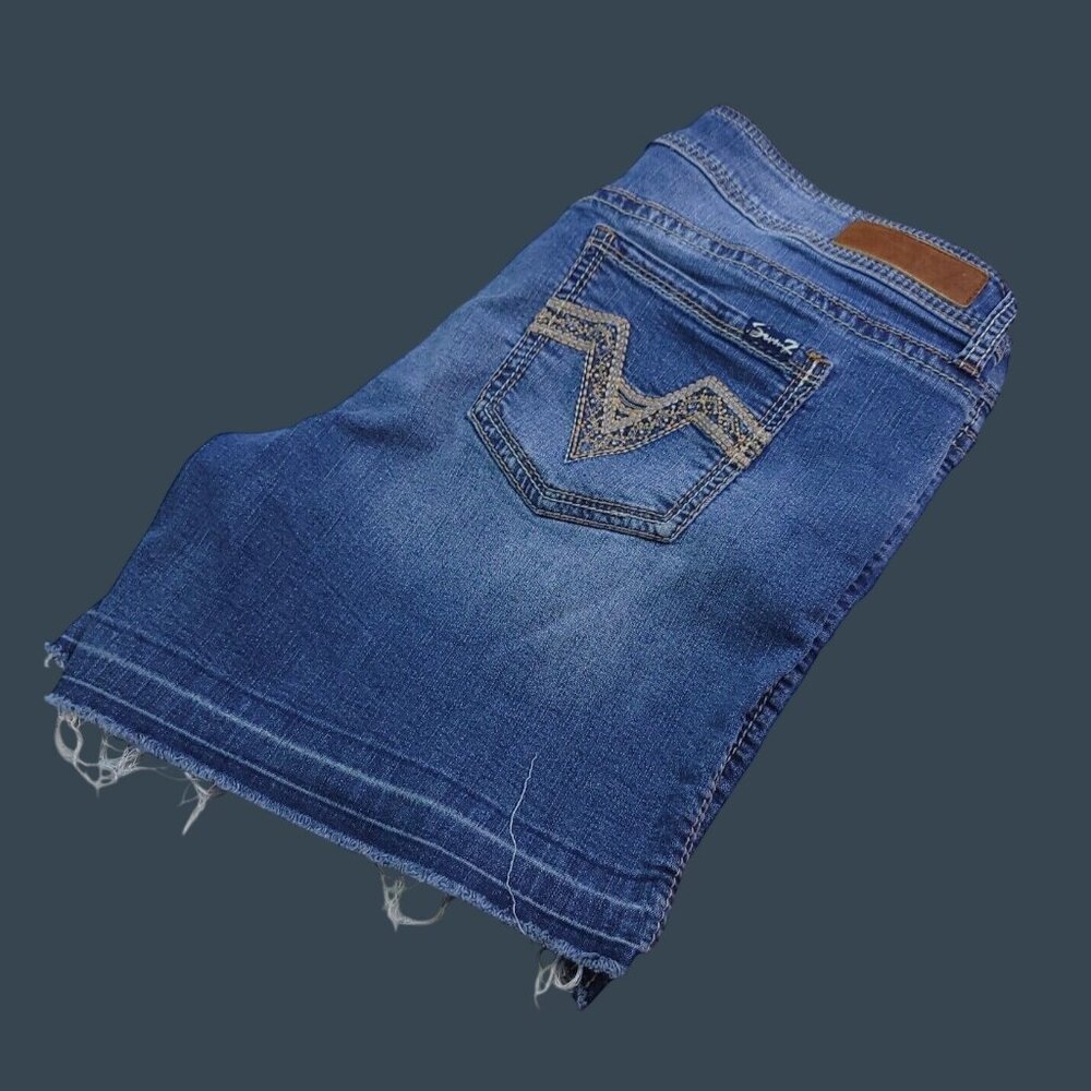Seven7 Womens Jean Shorts 16 Mid Rise Released Hem Embroidered Pockets Stretch